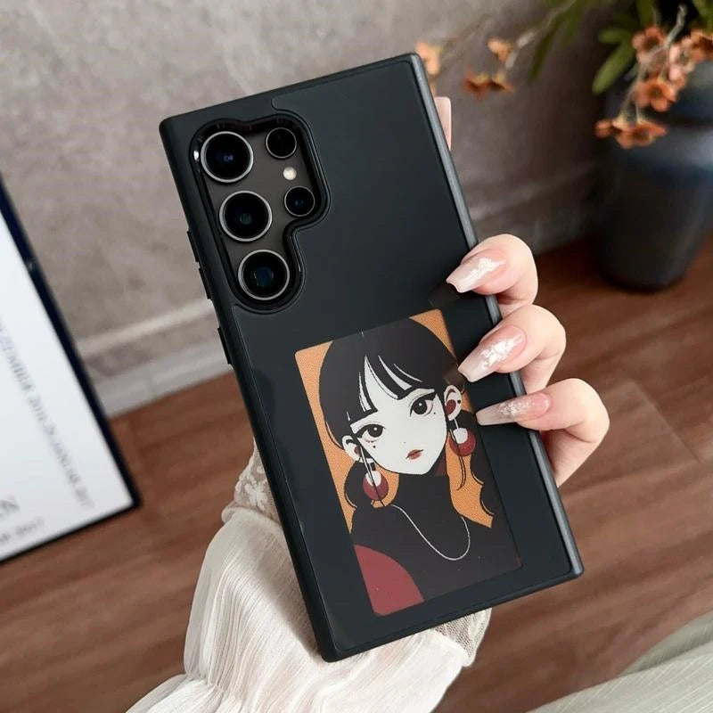 Dynamic phone case featuring a stylish cartoon illustration, held in a hand against a modern interior background.