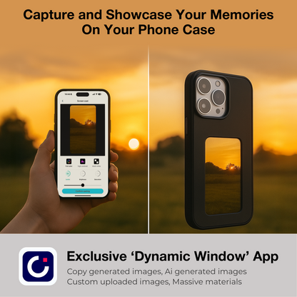 A user showcasing a phone case with E-Ink display, connected to an app for customizing images and memories.