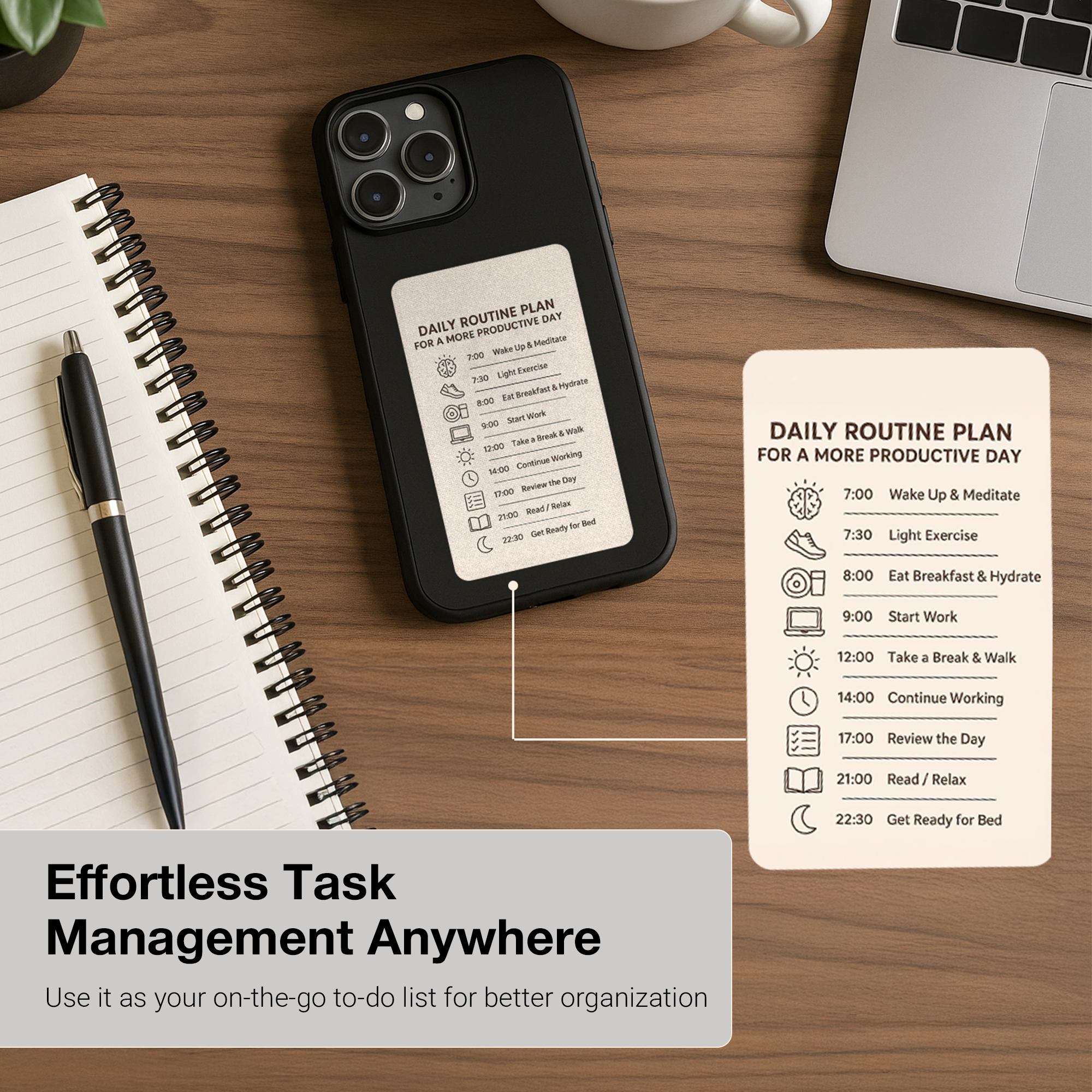 Dynamic E-Ink iPhone case displaying a daily routine plan on a desk with a notebook and pen.