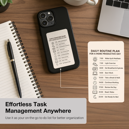 Dynamic E-Ink iPhone case displaying a daily routine plan on a desk with a notebook and pen.