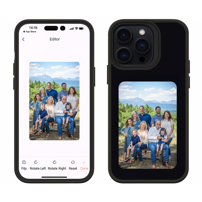 iPhone showcasing a customizable E-Ink phone case with family photo design on display.