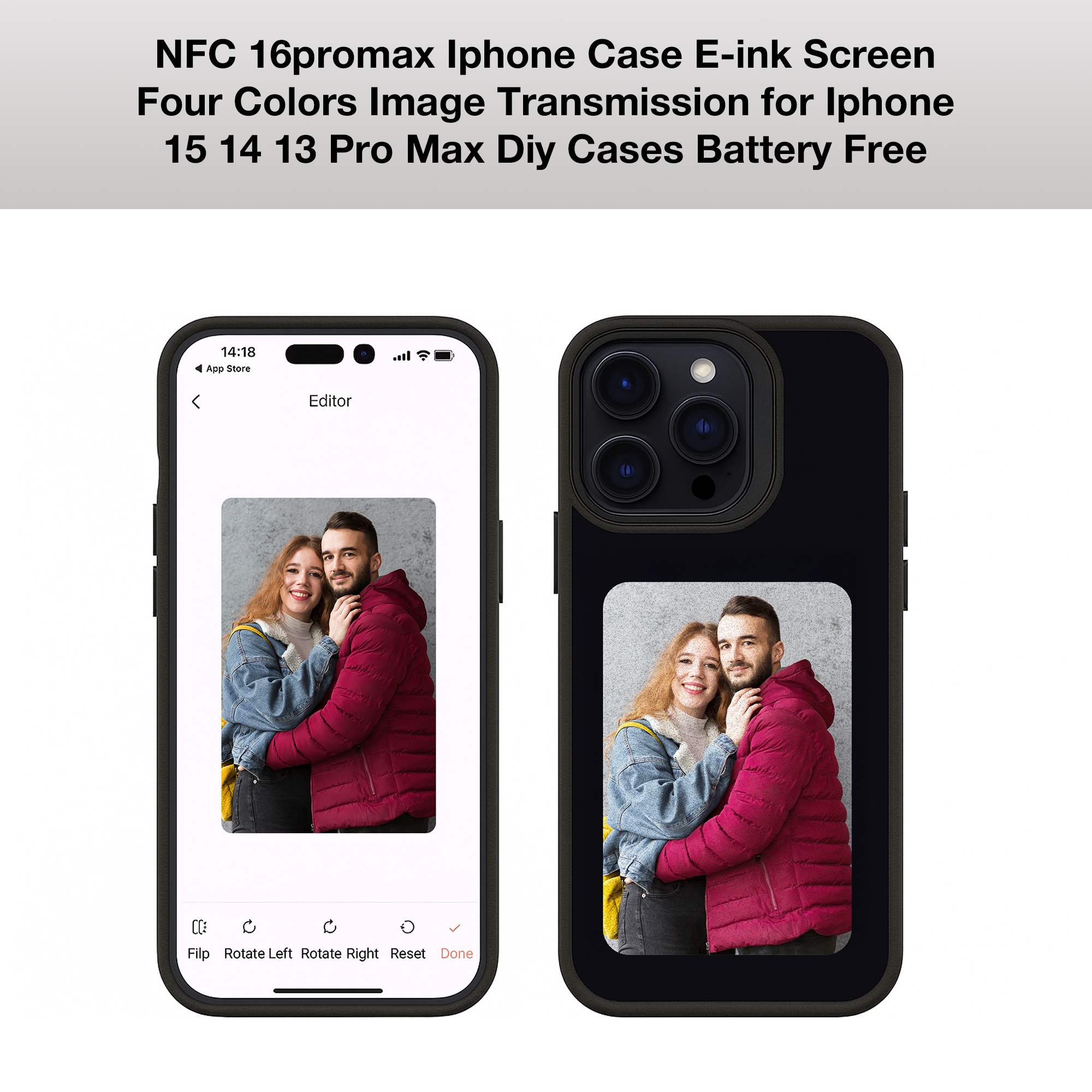 Image of NFC E-ink iPhone case displaying customizable photos for iPhone 13, 14, and 15, featuring battery-free technology.