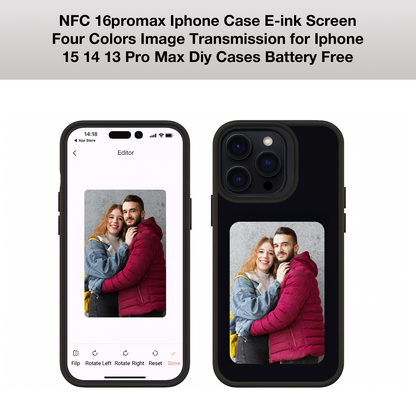 Image of NFC E-ink iPhone case displaying customizable photos for iPhone 13, 14, and 15, featuring battery-free technology.