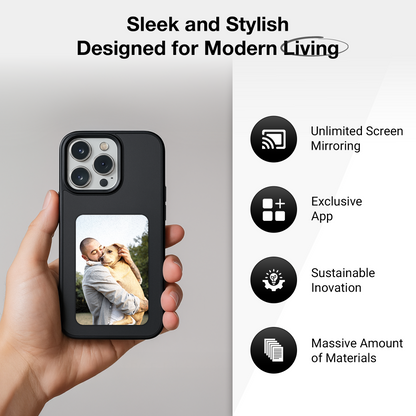 Person holding a sleek iPhone case with a customizable E-ink display, featuring designed icons and modern living text.