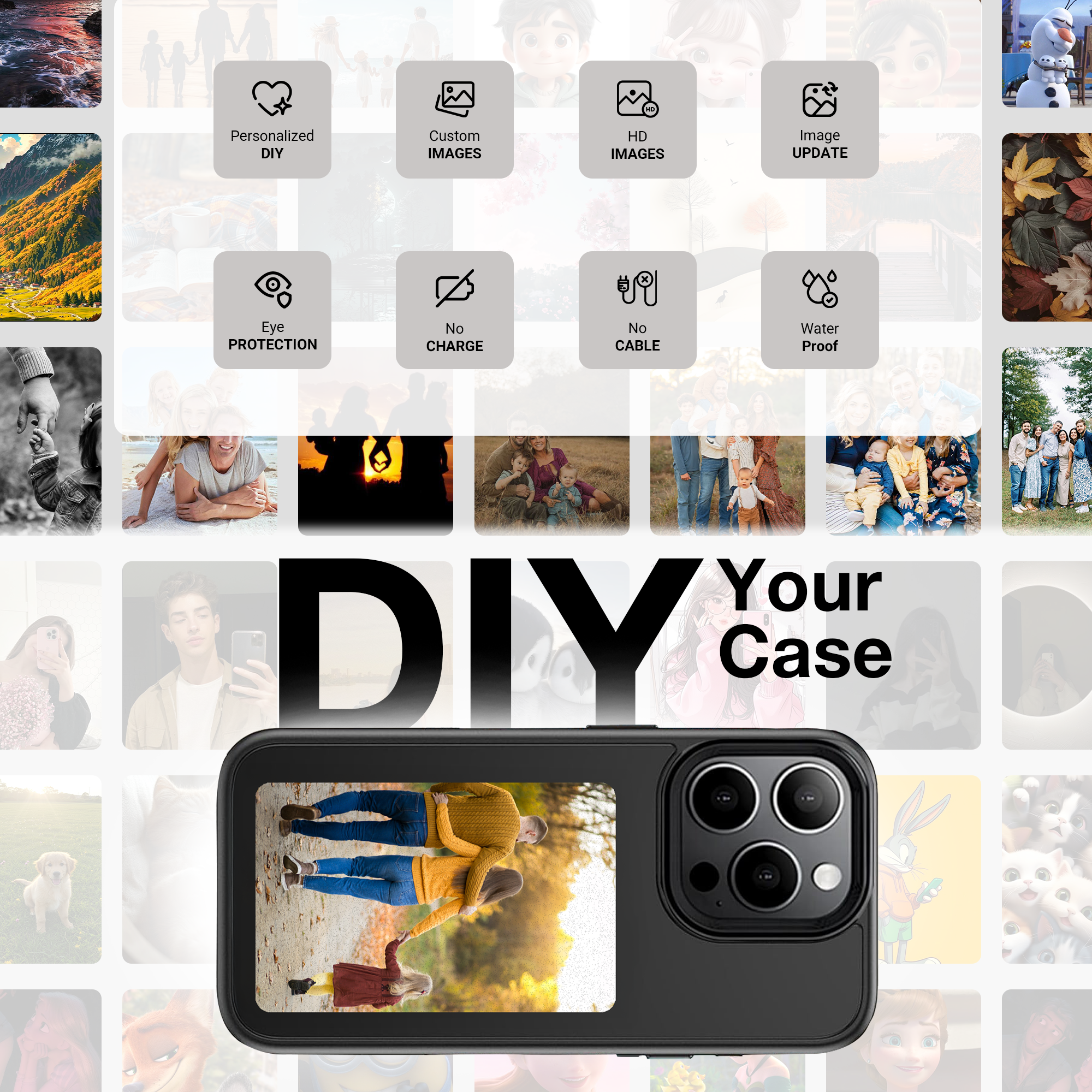 Personalized Inkaura iPhone case showcasing a photo with dynamic E-Ink display and DIY features.
