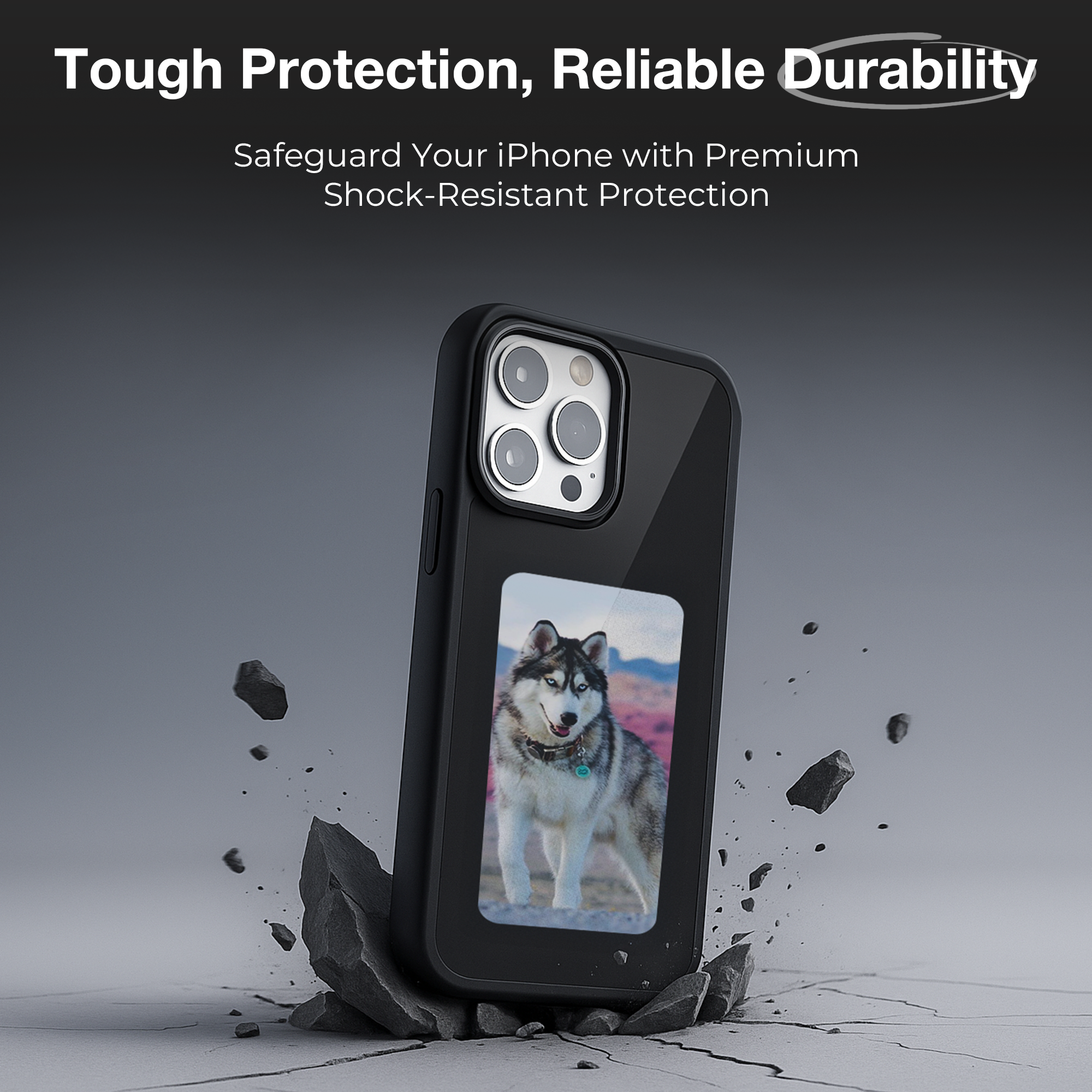 Inkaura iPhone case featuring a customizable E-Ink display with a dog photo, showcasing tough protection and durability.