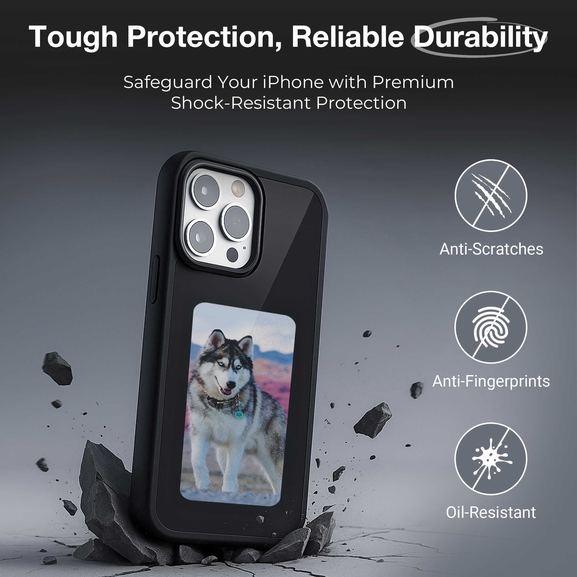 Inkaura iPhone case showcasing customizable E-Ink display with a husky photo on a durable, shock-resistant case.