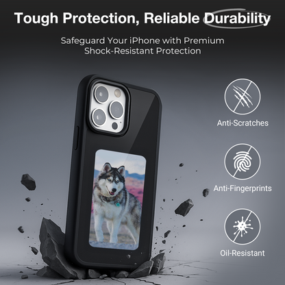 Inkaura iPhone case showcasing customizable E-Ink display with a husky photo on a durable, shock-resistant case.