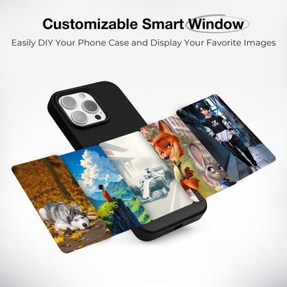 Customizable smart phone case displaying various favorite images on E-Ink window for personalized style.